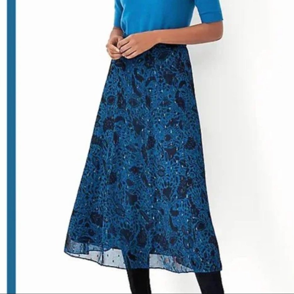 Blue Black Floral Printed Gold Metallic Flowy Ann Taylor Midi Skirt Size 6